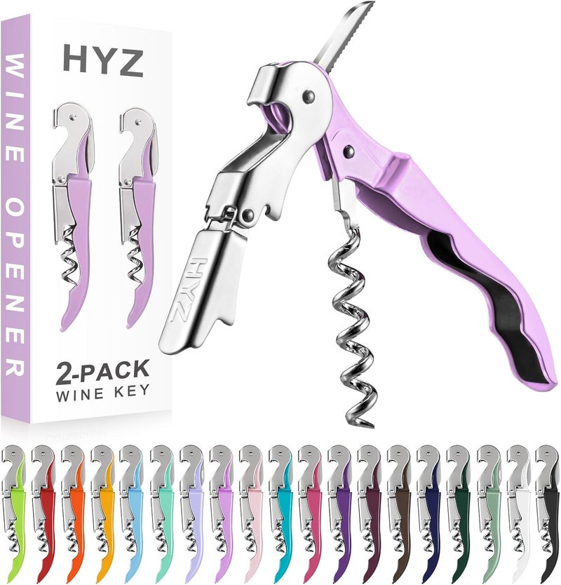 HYZ 2-Pack Wine Opener Waiter Corkscrew, Professional Wine Key for Servers, Bartender with Foil Cutter, Manual Wine Bottle Opener Double Hinged (Light Purple) - Image 1